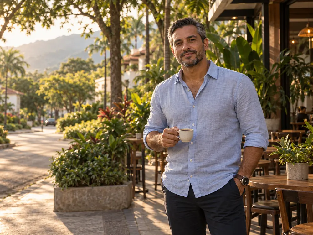 Hombre de mediana edad con un café en una terraza
