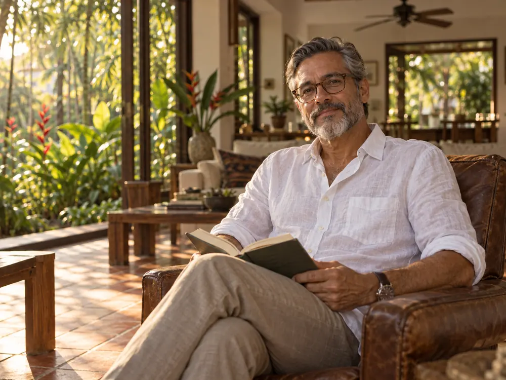 Hombre maduro leyendo en su casa